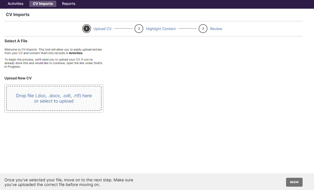 Screenshot of CV Import Tool